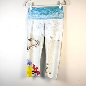 NOLI Leggings Women L Blue Floral Mermaid Beach Silky Stretch Capri Cropped NWOT